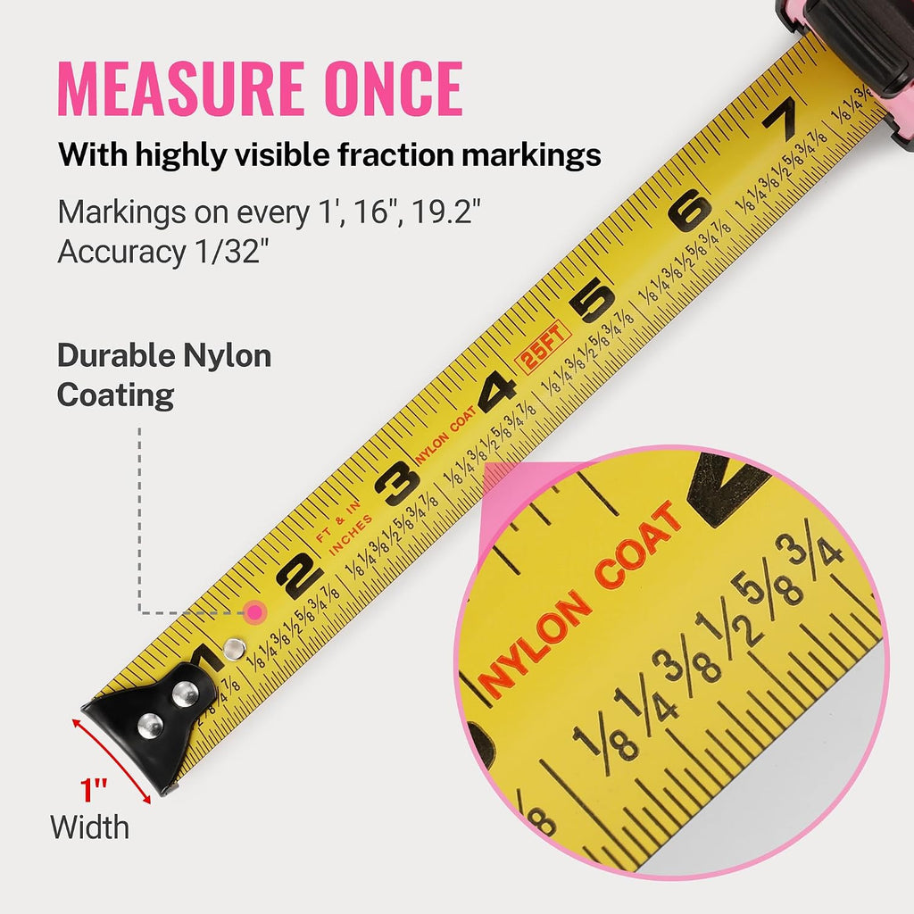 WORKPRO 25-FT Tape Measure with Fractions, 3 Brakes Retractable Measuring Tape, Compact Measurement Tape with Magnetic Hook, Nylon Coating Blade Accuracy 1/32”, Pink