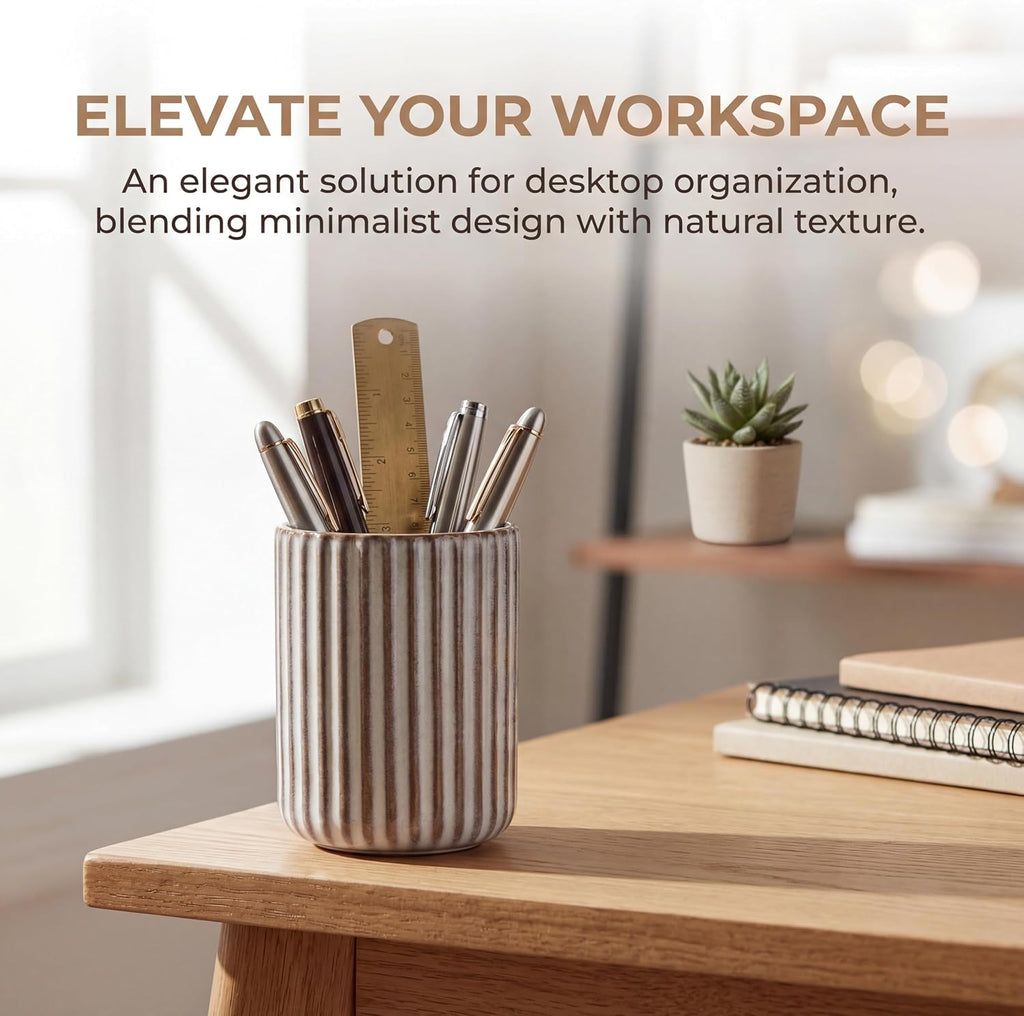 Ceramic Pen Holder with Vertical Groove Design, Desk Pen Pencil Cup for Office, Multipurpose Ceramic Cup for Pens, Pencils, Makeup Brushes, Small Ceramic Vase, Fish Belly White Fluted Surface