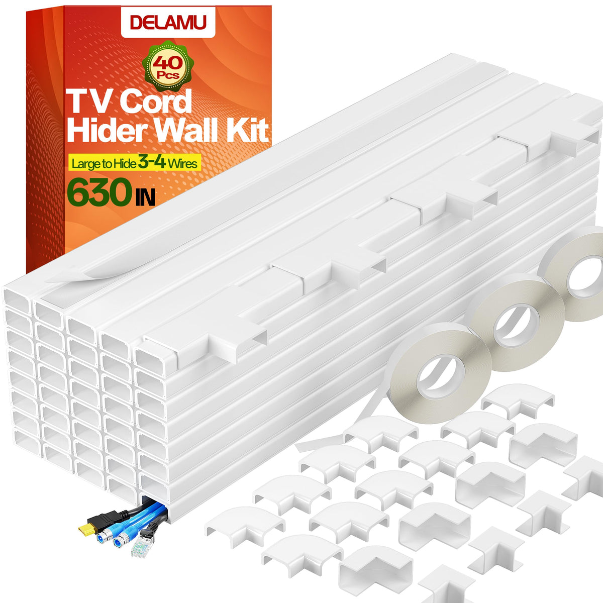 Delamu TV Cord Hider, Cord Covers for 2-3 Wires on Wall, Paintable Cable Hider Wire Covers for Cords, Easier Setup Wire Hiders for TV on Wall, Cable Cover Management to Hide Wires, W0.94H0.47in, White