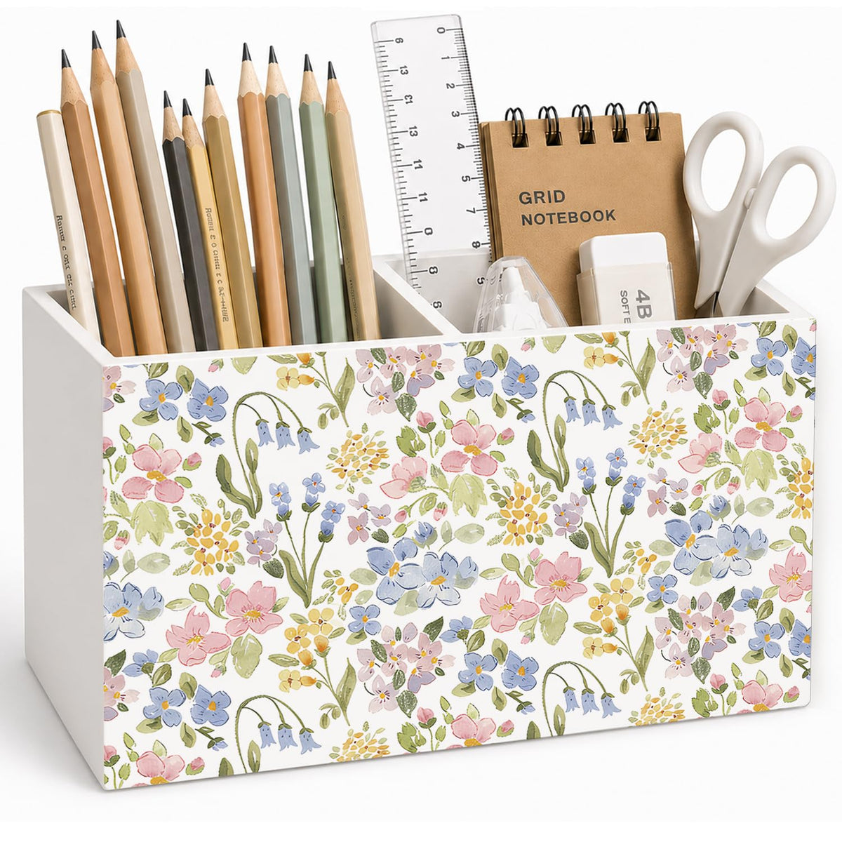 Lacama Spring Tulip Floral Pen Pencil Holder for Desk, Tulip Flower Botanical Sage Green Floral Pretty Cottagecore Pencil Holders Wooden Box Organizer for Home Office Bedroom Desk Tabletop
