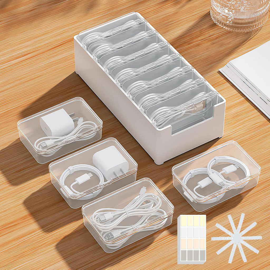 7 Case Cable Storage Box with Cable Straps and Label Stickers, Travel Cord Organizer for Charging Cables, USB Wires, Earphones – Drawer Organization for Home & Office (1 Pack)