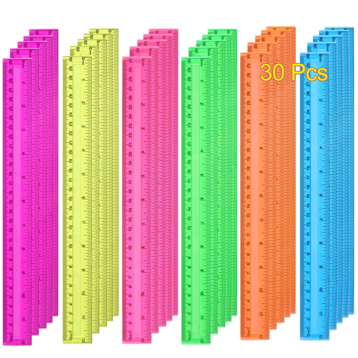 7PCS Clear Ruler, 12 Inch Plastic Rulers for School, Home, or Office, Clear Plastic Rulers, Assorted Colors.