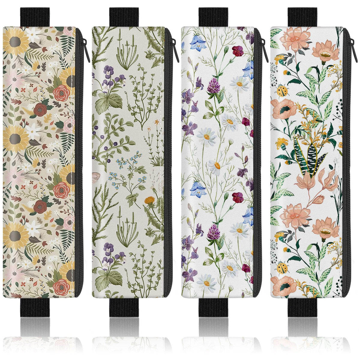 4 Pack Elastic Pen Holder for Notebook, Prints Pen Pouch with Elastic Band and Zipper, Leather Pen Holder for Planners, Journals, Book (Flower)