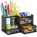 Marbrasse Mesh Pen Holder with 2 Drawers, Multi-Functional Pencil Organizer for Desk, Desk Organizers and Accessories with 3 Compartments + 2 Drawers for Office Art Supplies (Black)