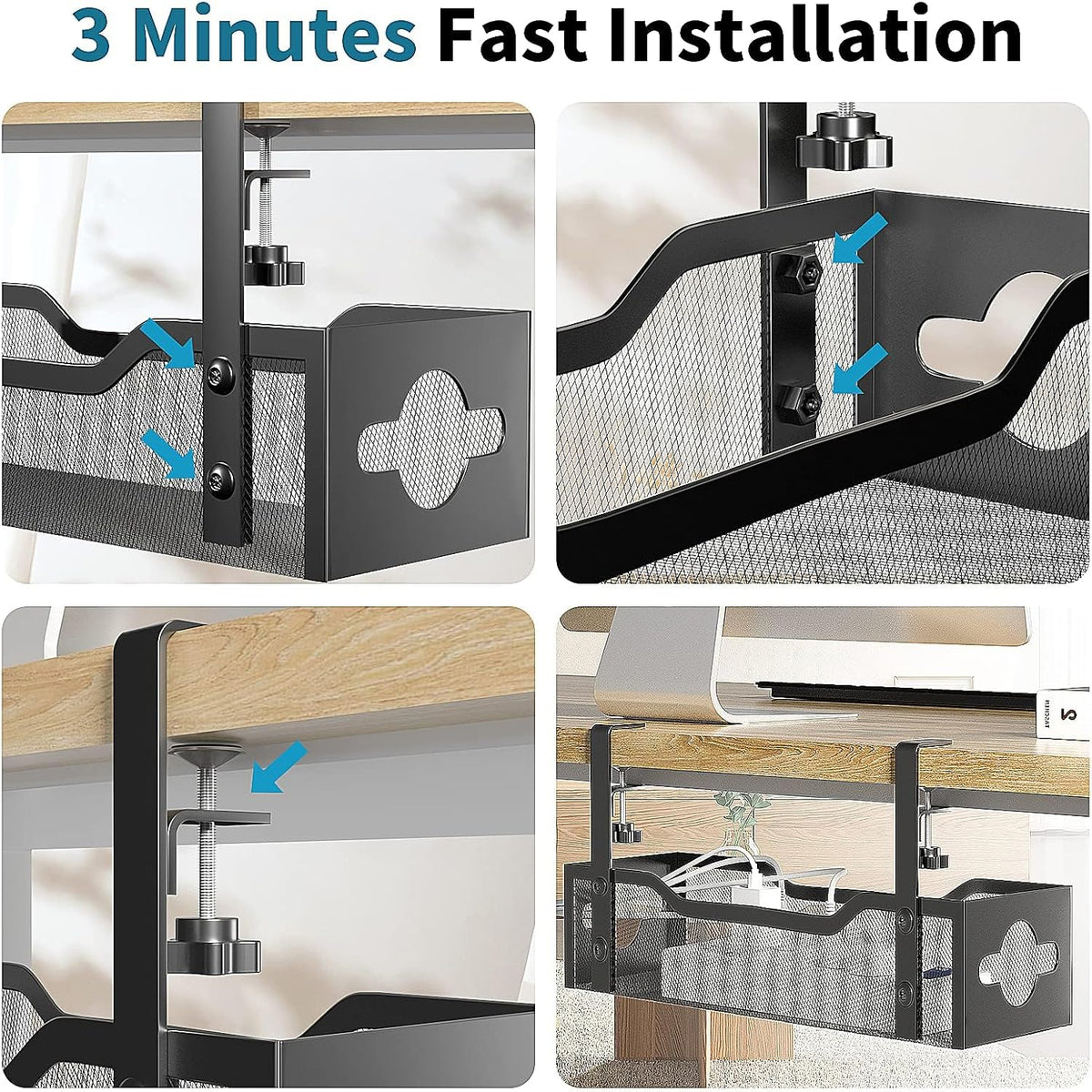 Under Desk Cable Management Tray No Drill, Metal Mesh Cable Management Under Desk with Clamp Mount, 2 Hole Cable Tray with Wire Management and Cord Organizer for Home Office Standing Desk