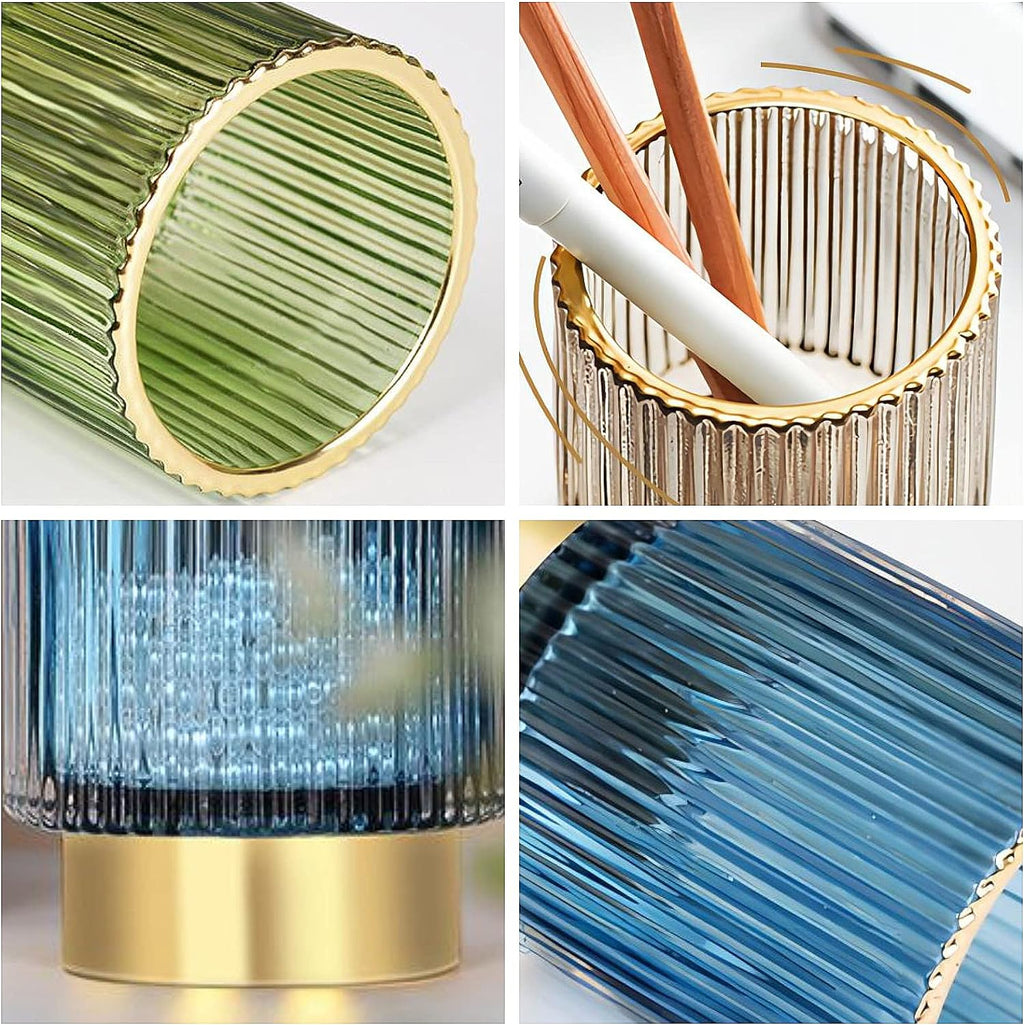 DASITON Makeup Brush holder Organizer,Crystal Cosmetic Makeup Brush Glass Brushes Storage Holder, Vintage Make Up Brush Cup Pen Pencil Holder striped vase(Green L)