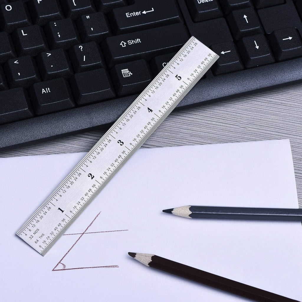 2 Pack Stainless Steel Ruler Machinist Engineer Metric Ruler with Markings 1/8, 1/16, 1/32, 1/64 Inch for Engineering, School, Office, Architect, and Drawing