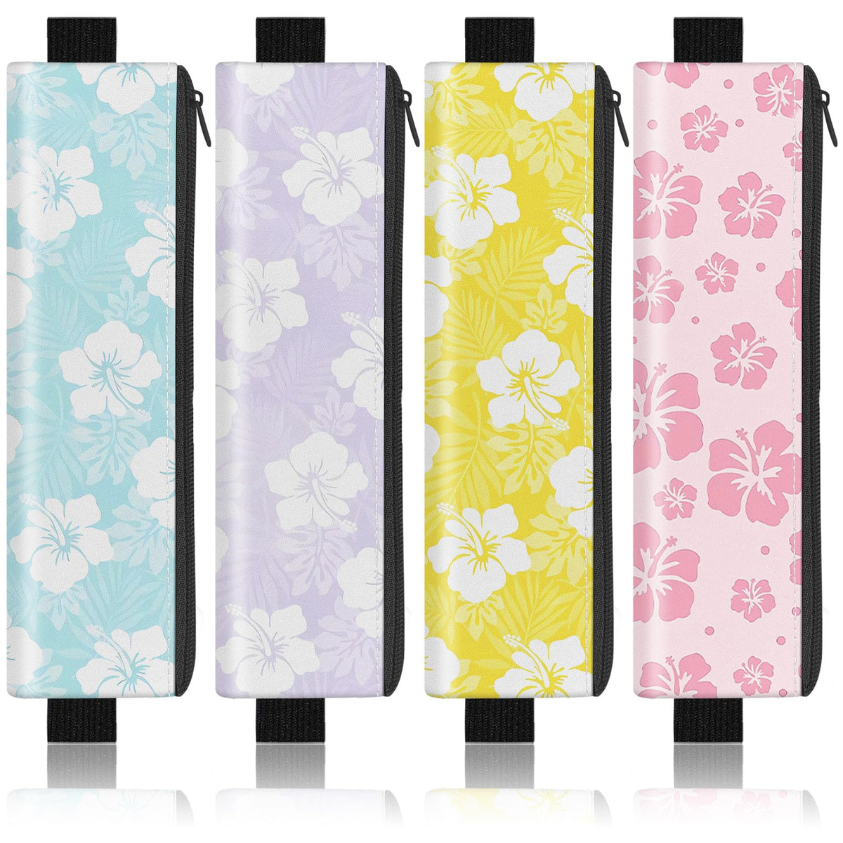 4 Pack Elastic Pen Holder for Notebook, Prints Pen Pouch with Elastic Band and Zipper, Leather Pen Holder for Planners, Journals, Book (Flower)