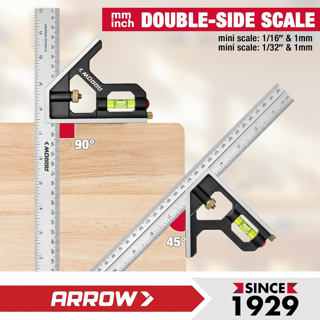 Arrow Combination Square, 12-Inch Combo Square with Bubble Level