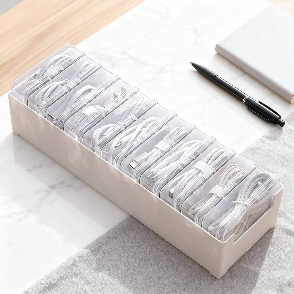 11 Grid Clear Cable Organizer Box with Switch for Desktop Cord Storage