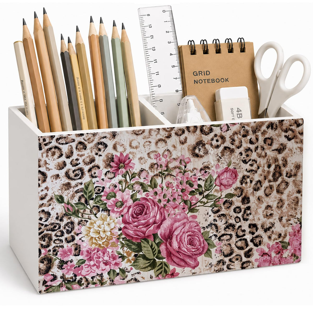 Lacama Spring Tulip Floral Pen Pencil Holder for Desk, Tulip Flower Botanical Sage Green Floral Pretty Cottagecore Pencil Holders Wooden Box Organizer for Home Office Bedroom Desk Tabletop