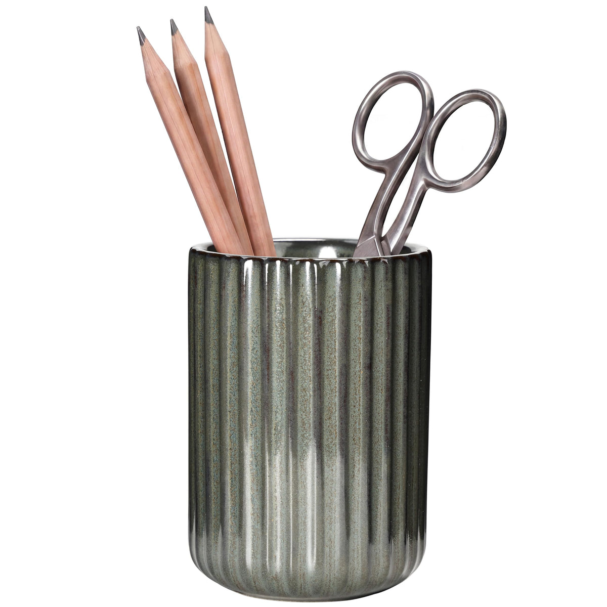 Ceramic Pen Holder with Vertical Groove Design, Desk Pen Pencil Cup for Office, Multipurpose Ceramic Cup for Pens, Pencils, Makeup Brushes, Small Ceramic Vase, Fish Belly White Fluted Surface