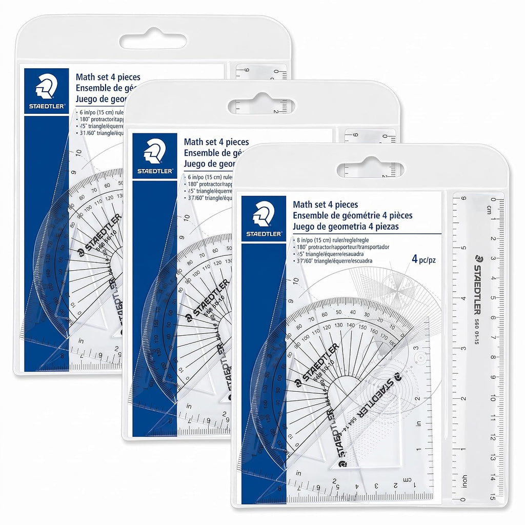 STAEDTLER Math Set - 4 pc Geometry Kit for Students - School Supplies with Clear Protractor, 6in Ruler & 2 Triangles – Metric & Imperial Scales