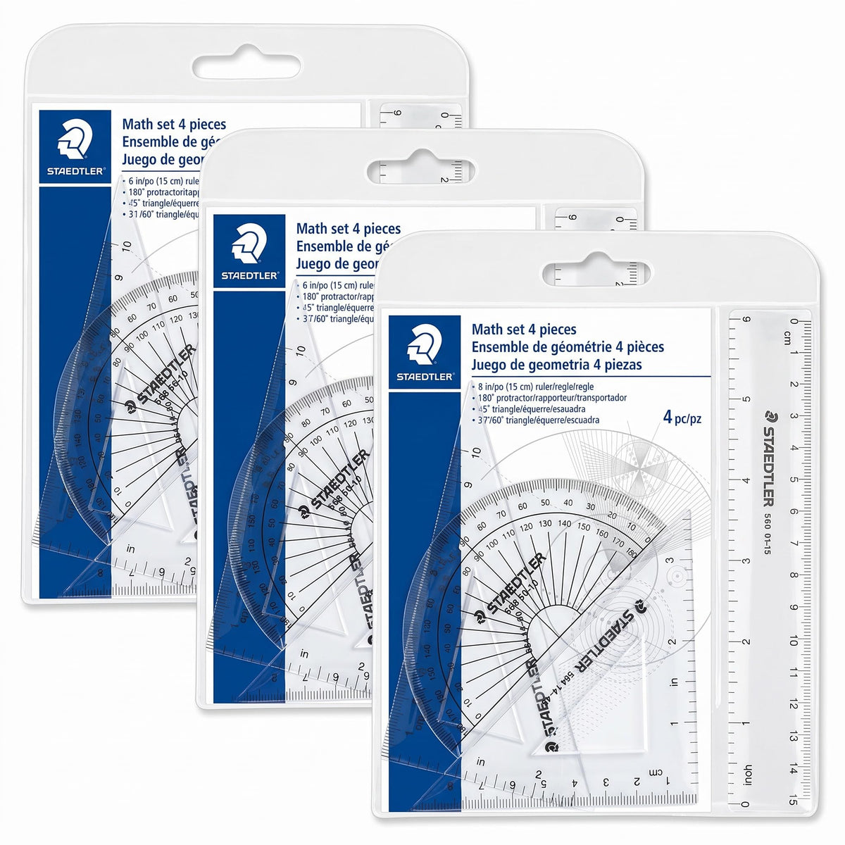 STAEDTLER Math Set - 4 pc Geometry Kit for Students - School Supplies with Clear Protractor, 6in Ruler & 2 Triangles – Metric & Imperial Scales