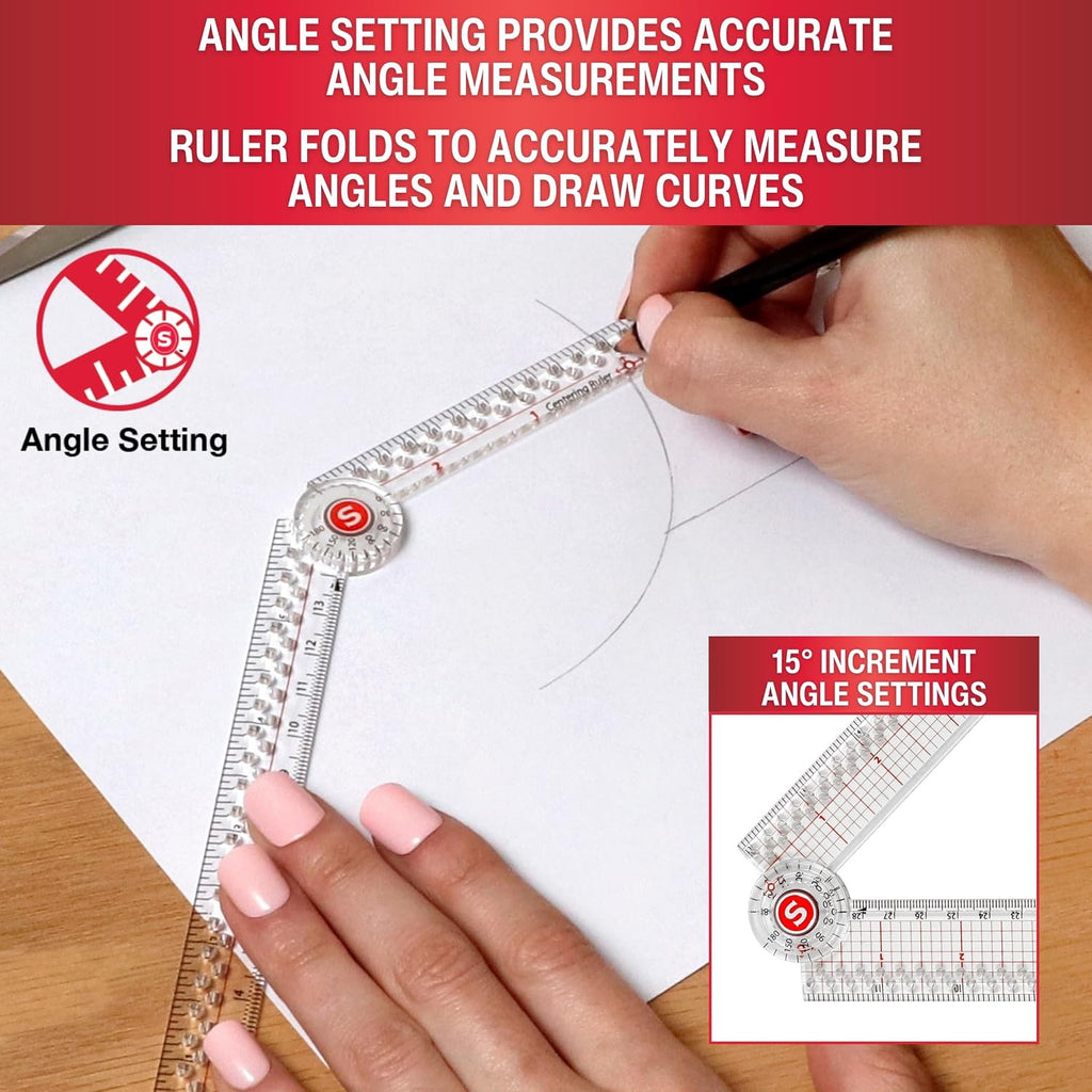 SINGER 12-Inch Folding Ruler with Precision Marking & Zero-Centering for Sewing, Quilting, Crafting & Patternmaking - Clear Metric Ruler - 15 Increment Quick Angle Ruler, Folds to 6”