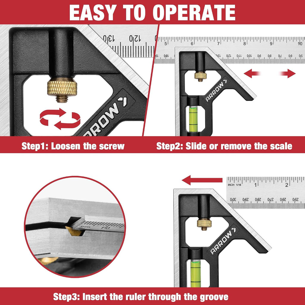 Arrow Combination Square, 12-Inch Combo Square with Bubble Level