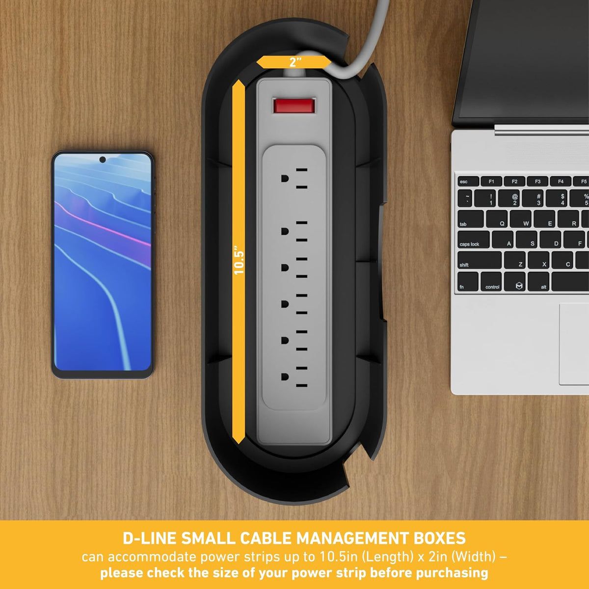 D-Line Cable Management Box, Power Strip Cover, Floor Outlet Hider, Desk Cord Organizer, Hide Extension Leads, 12.75" (L) x 5" (W) x 4.5" (H), for use with Power Strips up to 10.5in (L) - Small, Black