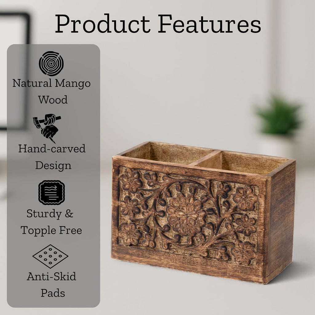 Mie Creations 2 Slot Rustic Pen Holder, Wooden Office Organizer 6''