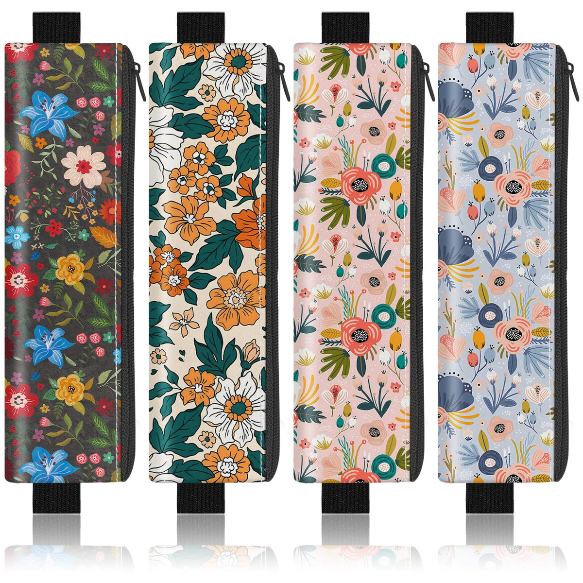 4 Pack Elastic Pen Holder for Notebook, Prints Pen Pouch with Elastic Band and Zipper, Leather Pen Holder for Planners, Journals, Book (Flower)