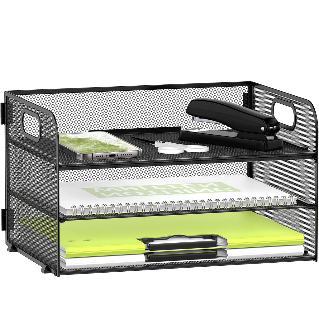 DALTACK 3 Tier Desk Organizer with Pen Holders and Paper Trays, Black