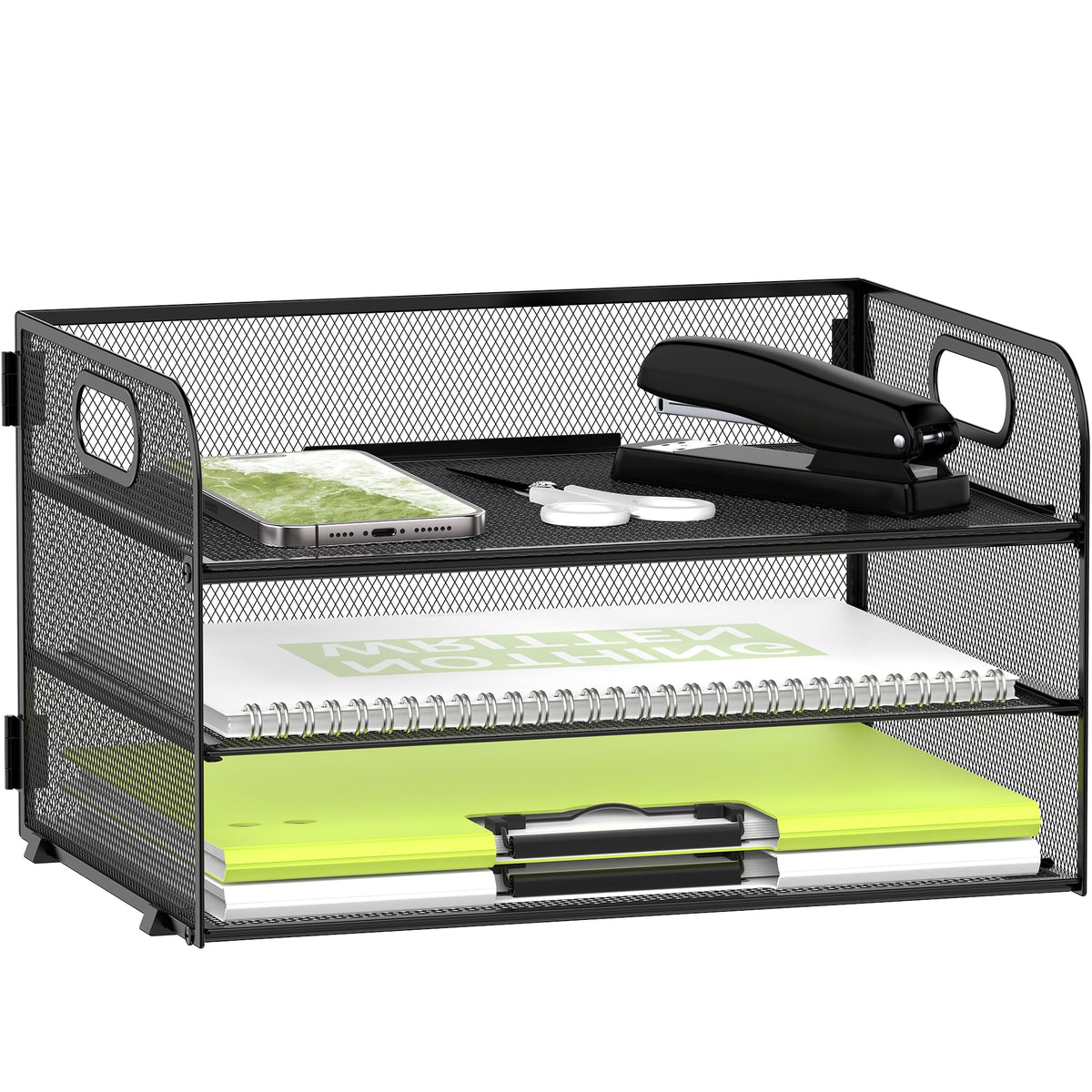 DALTACK 3 Tier Desk Organizer with Pen Holders and Paper Trays, Black