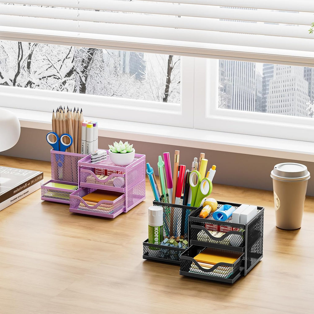 Marbrasse Mesh Pen Holder with 2 Drawers, Multi-Functional Pencil Organizer for Desk, Desk Organizers and Accessories with 3 Compartments + 2 Drawers for Office Art Supplies (Black)