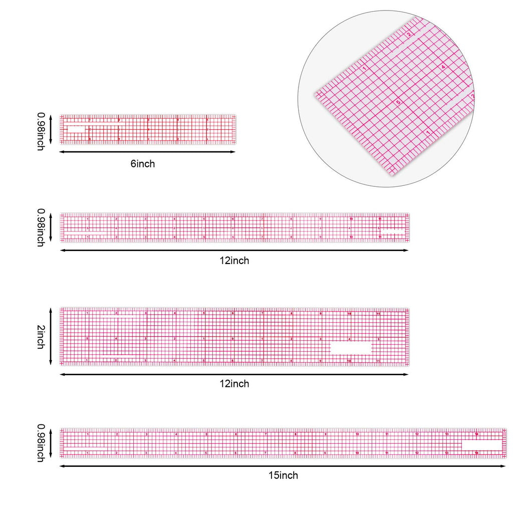 Pelopy 4 Pcs Clear Plastic Ruler 6 Inch, 12 Inch, 15 Inch, Transparent
