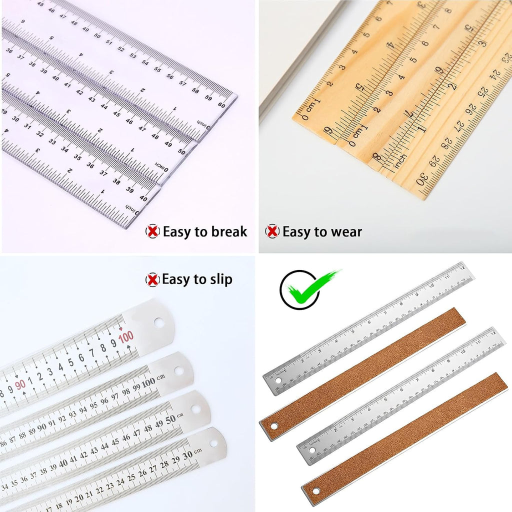 4PCS 12" Metal Ruler, Imperial & Metric, Stainless Steel with Cork Backing
