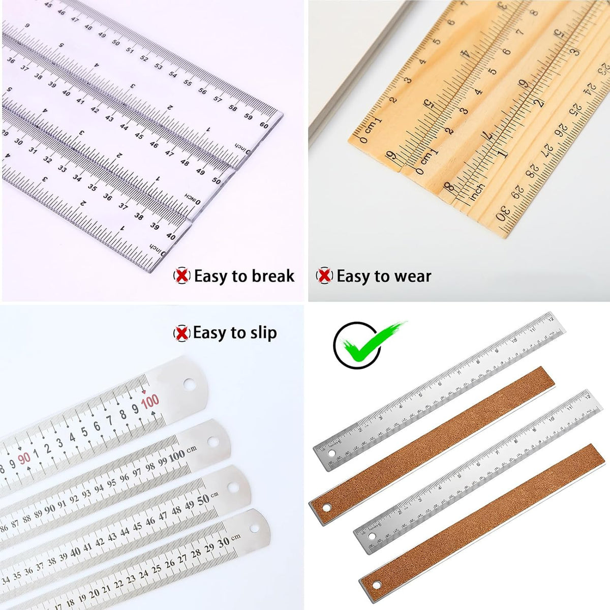 4PCS 12" Metal Ruler, Imperial & Metric, Stainless Steel with Cork Backing
