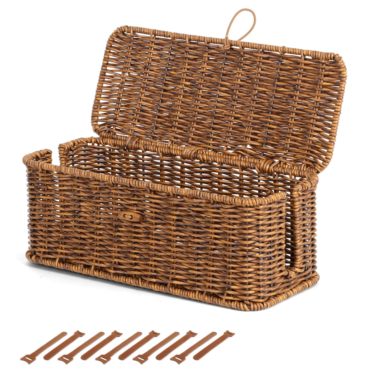Cable Management Box, Cord Organizer with Lid & Cable Ties - Brown, L