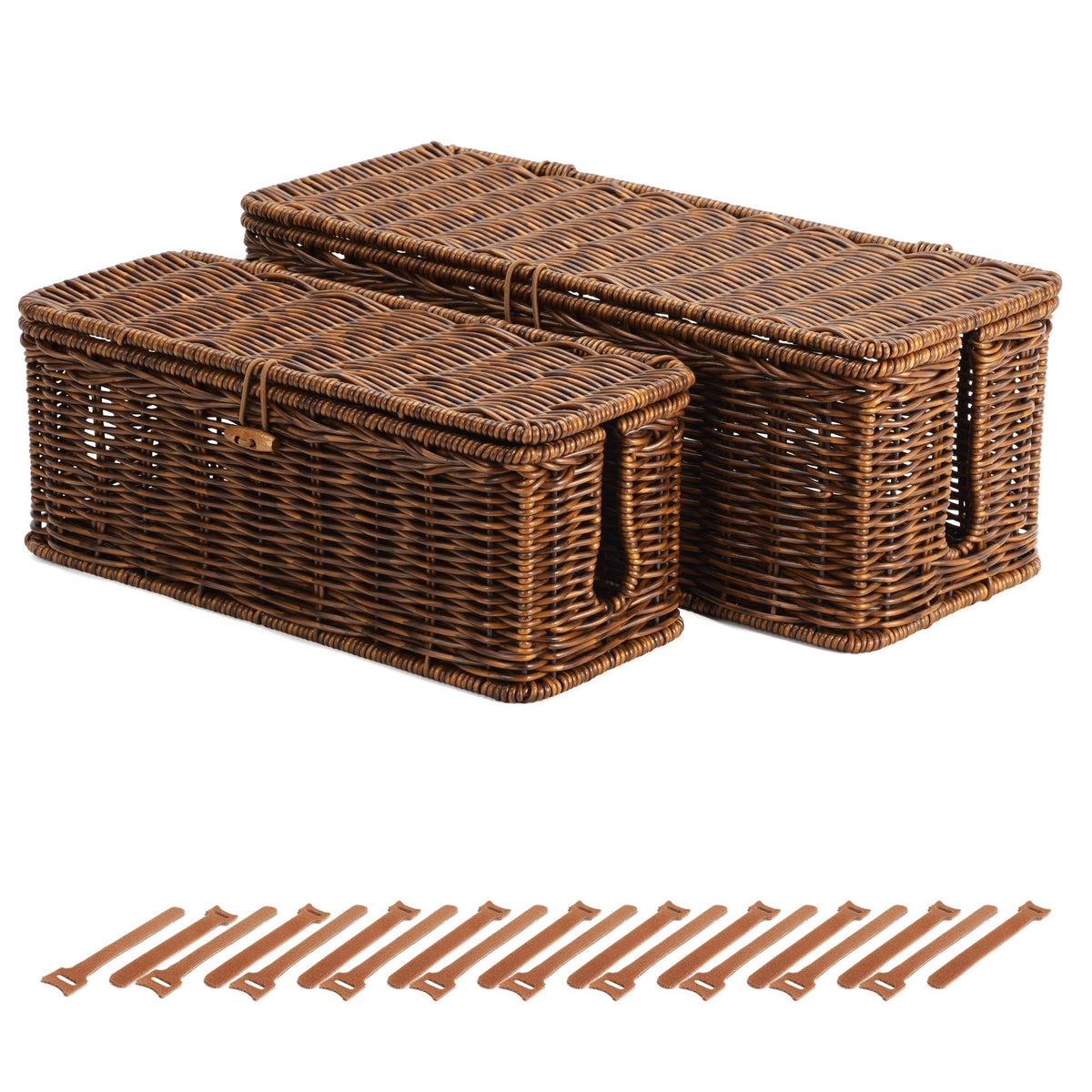 Cable Management Box, Cord Organizer with Lid & Cable Ties - Brown, L