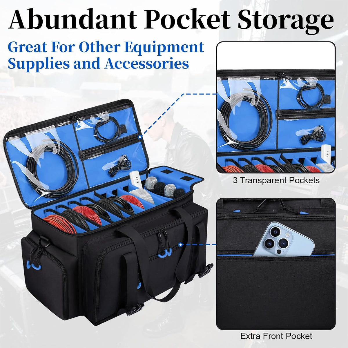 Large Dj Cable Bag with Detachable Dividers, Bottom Pad
