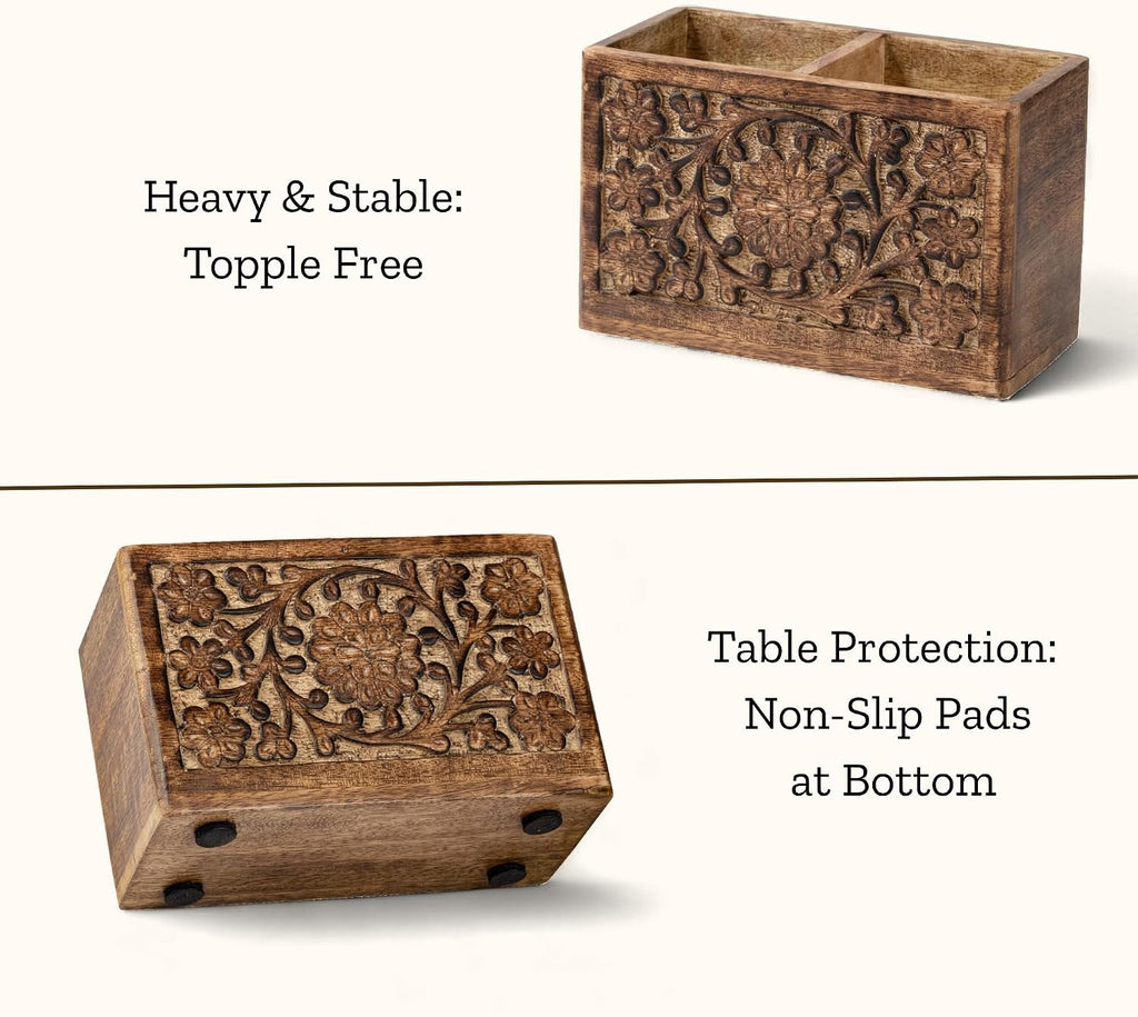 Mie Creations 2 Slot Rustic Pen Holder, Wooden Office Organizer 6''