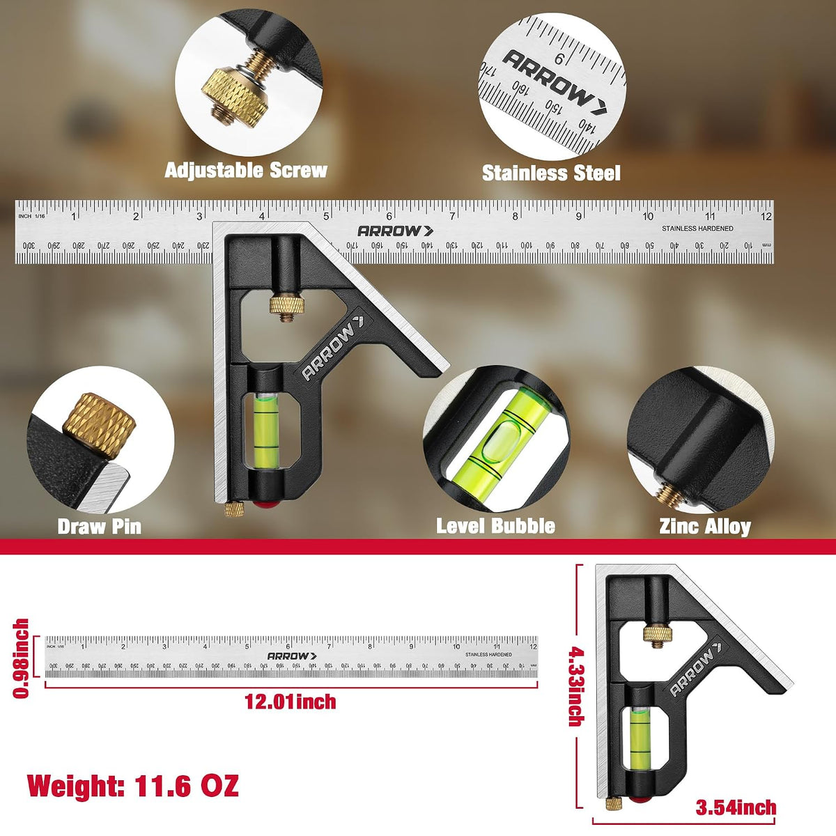 Arrow Combination Square, 12-Inch Combo Square with Bubble Level