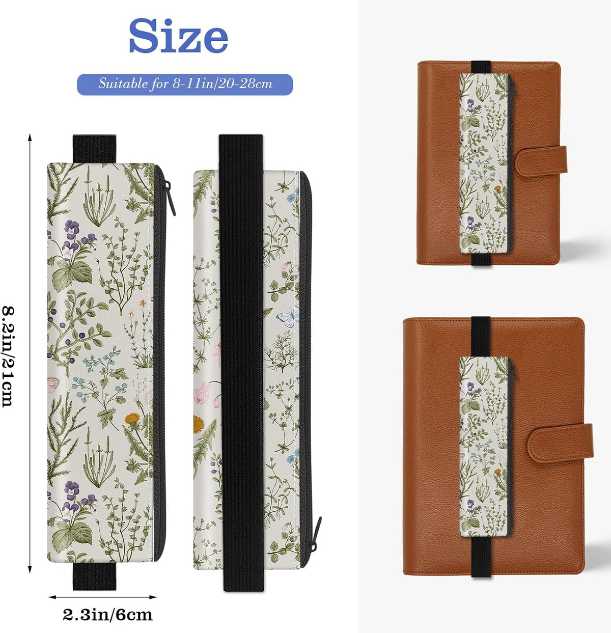 4 Pack Elastic Pen Holder for Notebook, Prints Pen Pouch with Elastic Band and Zipper, Leather Pen Holder for Planners, Journals, Book (Flower)