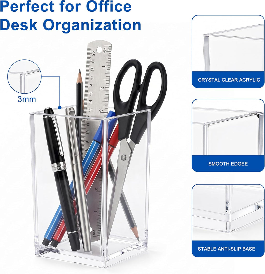 Acrylic Pencil Pen Holder Cup, Clear, 3 Pack | Storage Organizer for School Stationery, Office Desk Accessories, Cosmetic