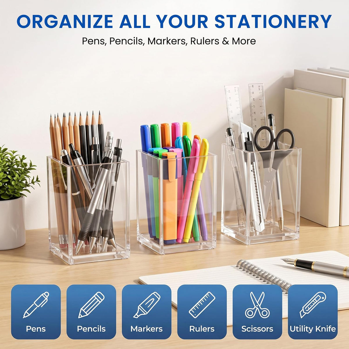 Acrylic Pencil Pen Holder Cup, Clear, 3 Pack | Storage Organizer for School Stationery, Office Desk Accessories, Cosmetic