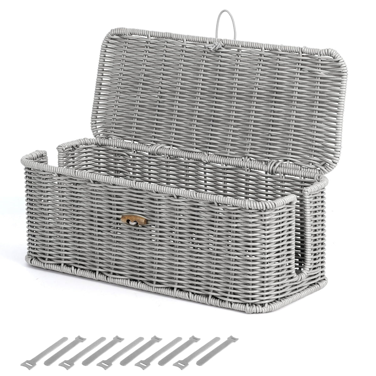 Cable Management Box, Cord Organizer with Lid & Cable Ties - Brown, L