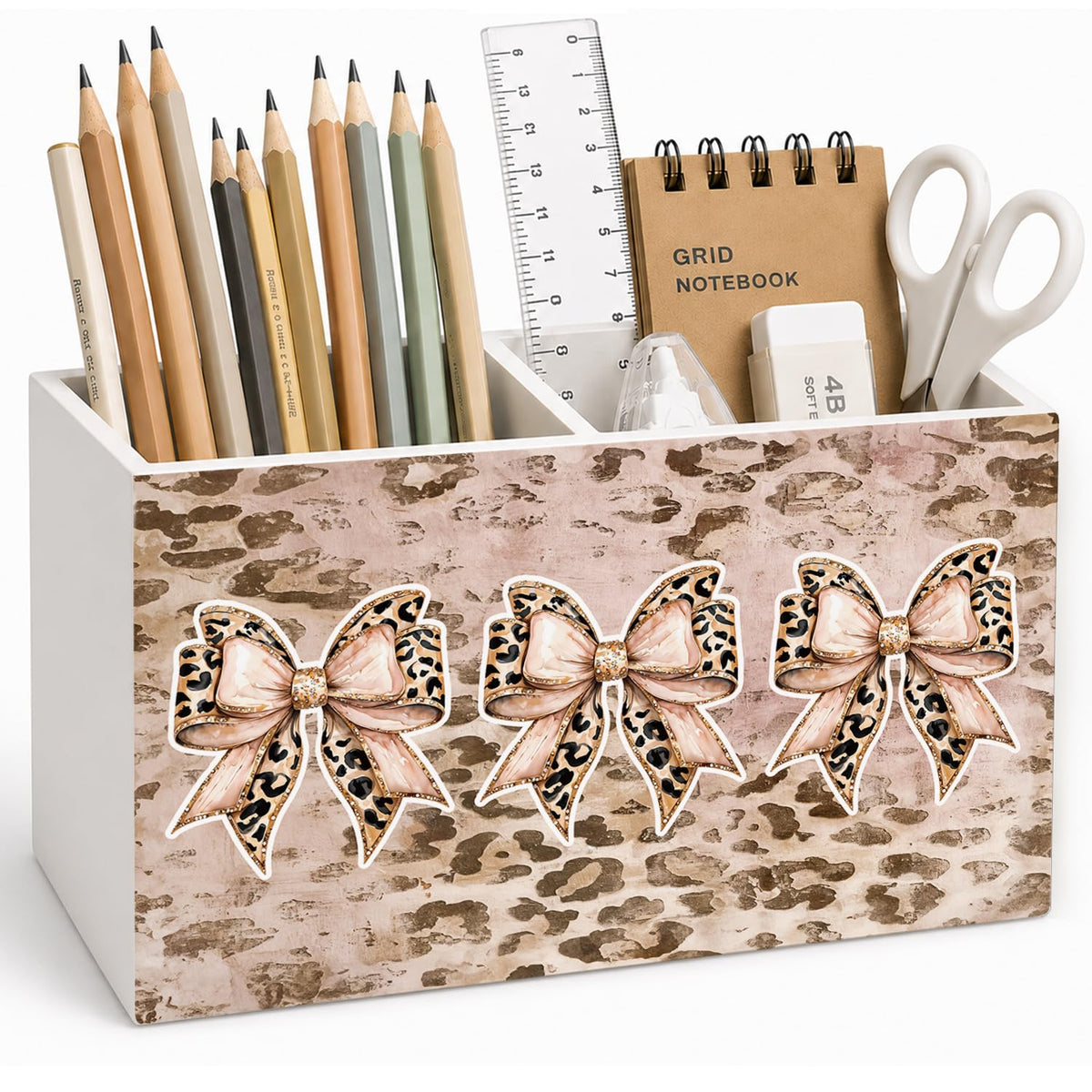 Lacama Spring Tulip Floral Pen Pencil Holder for Desk, Tulip Flower Botanical Sage Green Floral Pretty Cottagecore Pencil Holders Wooden Box Organizer for Home Office Bedroom Desk Tabletop