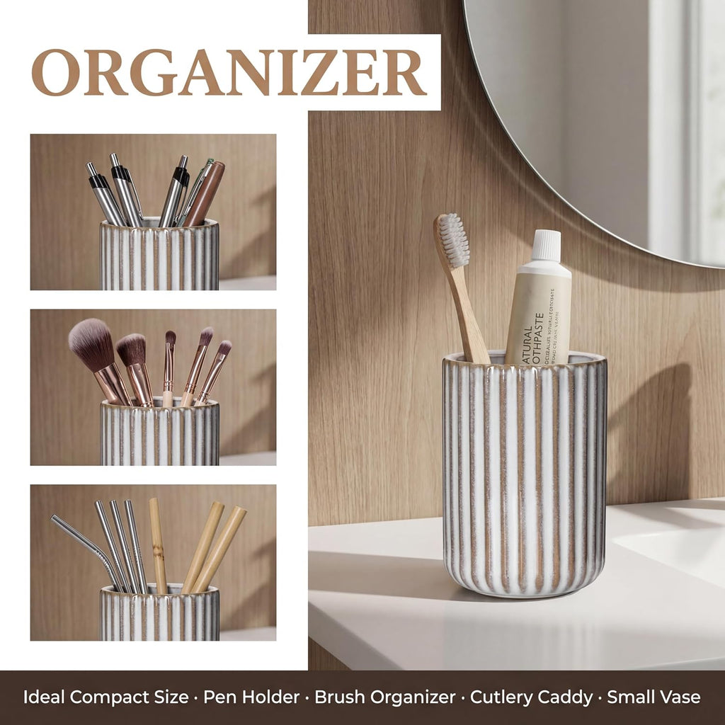 Ceramic Pen Holder with Vertical Groove Design, Desk Pen Pencil Cup for Office, Multipurpose Ceramic Cup for Pens, Pencils, Makeup Brushes, Small Ceramic Vase, Fish Belly White Fluted Surface