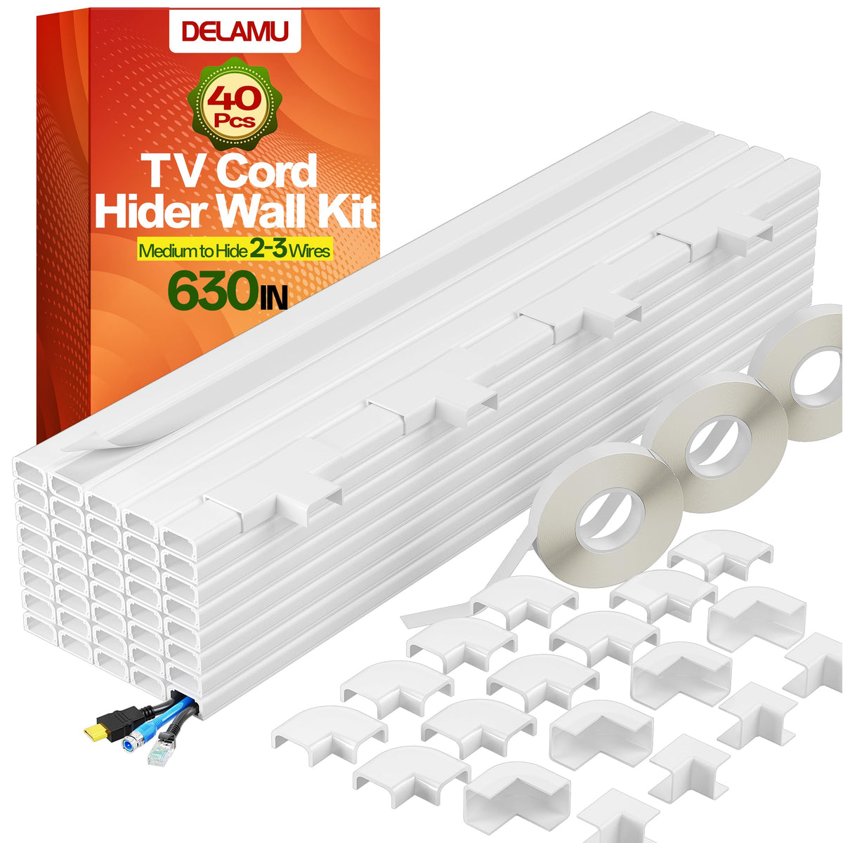 Delamu TV Cord Hider, Cord Covers for 2-3 Wires on Wall, Paintable Cable Hider Wire Covers for Cords, Easier Setup Wire Hiders for TV on Wall, Cable Cover Management to Hide Wires, W0.94H0.47in, White