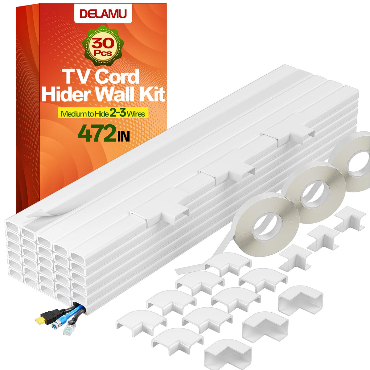 Delamu TV Cord Hider, Cord Covers for 2-3 Wires on Wall, Paintable Cable Hider Wire Covers for Cords, Easier Setup Wire Hiders for TV on Wall, Cable Cover Management to Hide Wires, W0.94H0.47in, White