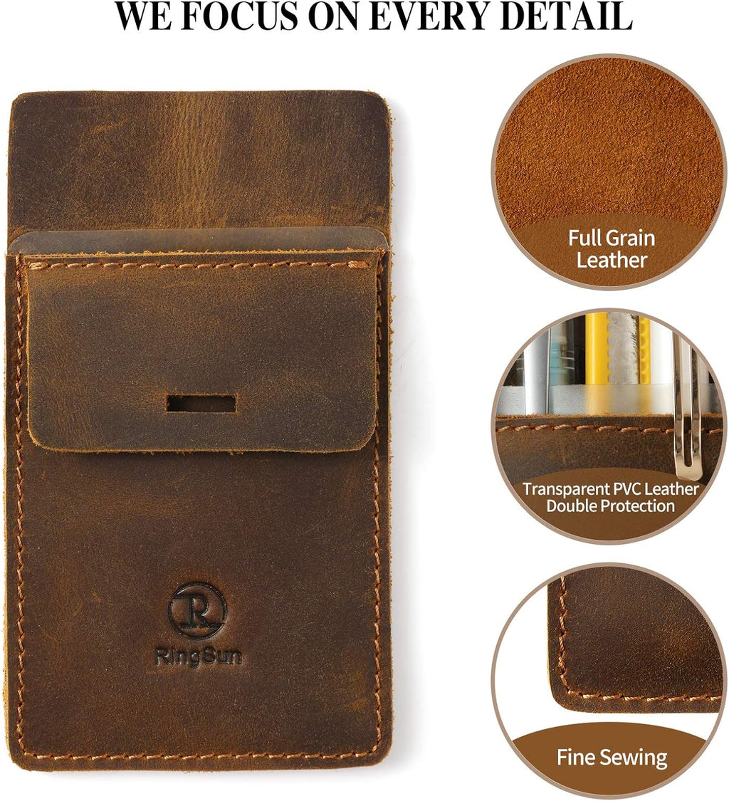 Ringsun Men's Pocket Protector - Full Grain Leather - Heavy Duty Pen Holder for Shirts, Lab Coats - Holds 6 Pens & Pointers & Cards