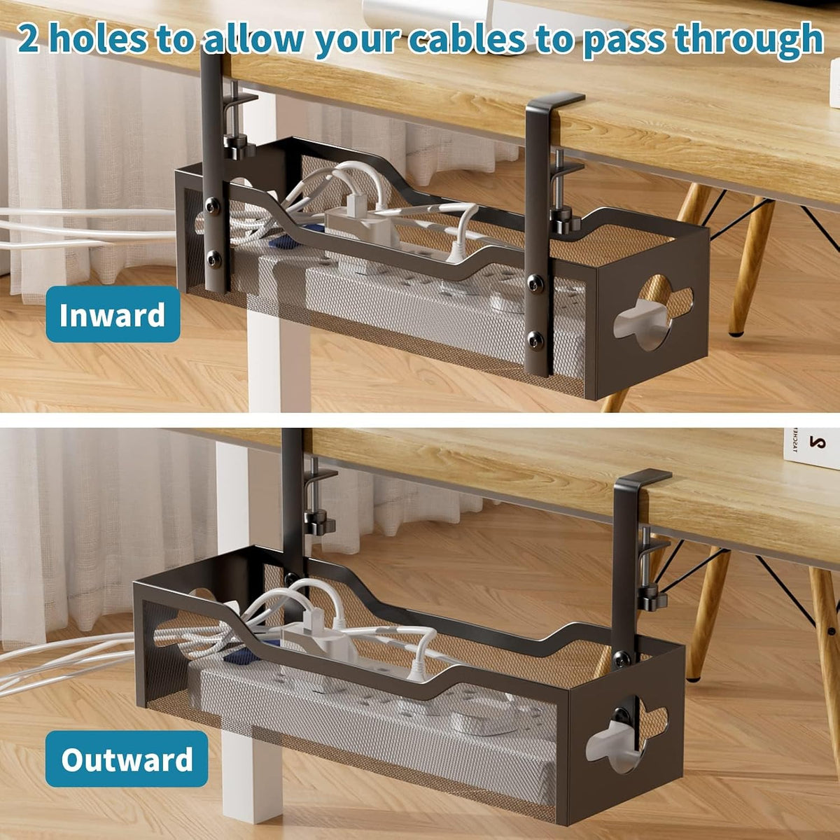 Under Desk Cable Management Tray No Drill, Metal Mesh Cable Management Under Desk with Clamp Mount, 2 Hole Cable Tray with Wire Management and Cord Organizer for Home Office Standing Desk