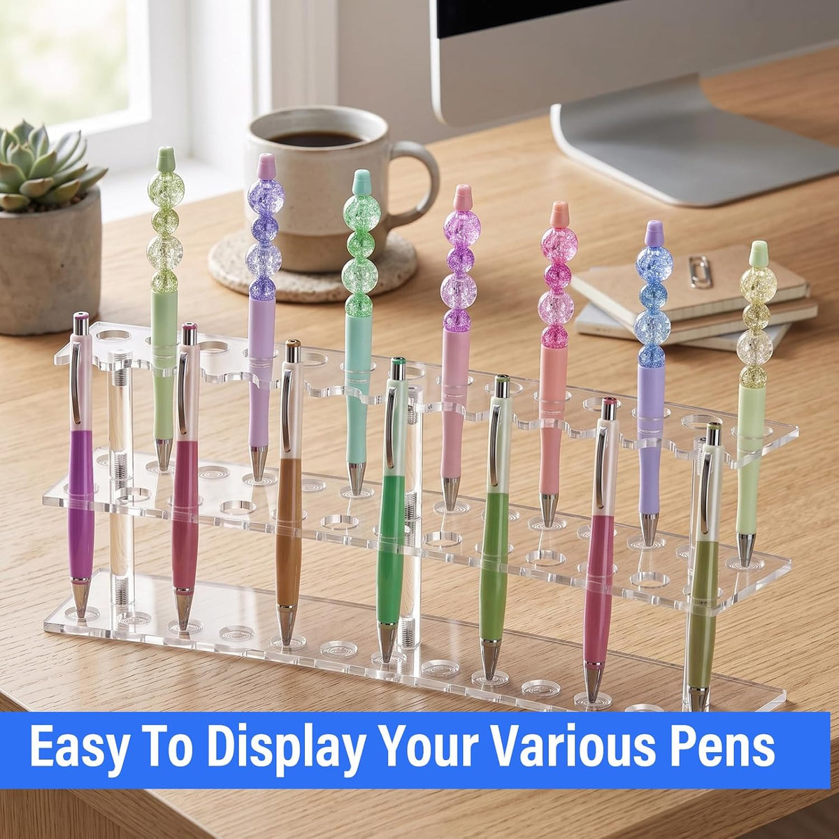 Zourane Acrylic Pen Display Stand, 2-Tier 27 Slots 1.5cm Wide Pen Holder