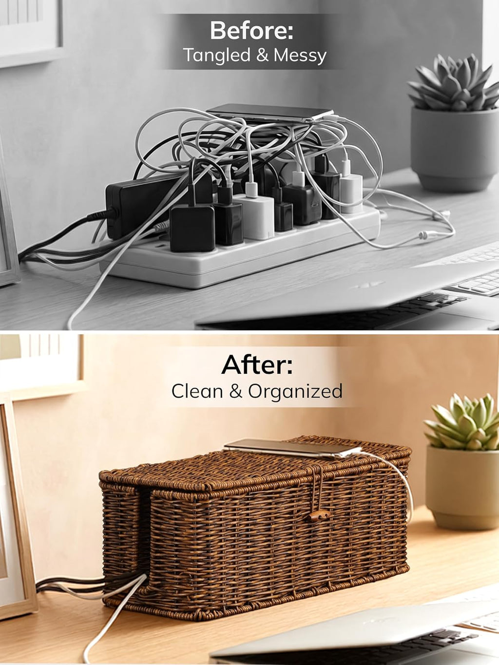 Cable Management Box, Cord Organizer with Lid & Cable Ties - Brown, L