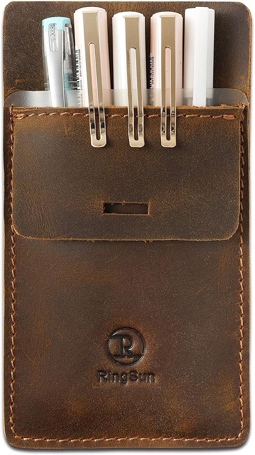 Ringsun Men's Pocket Protector - Full Grain Leather - Heavy Duty Pen Holder for Shirts, Lab Coats - Holds 6 Pens & Pointers & Cards