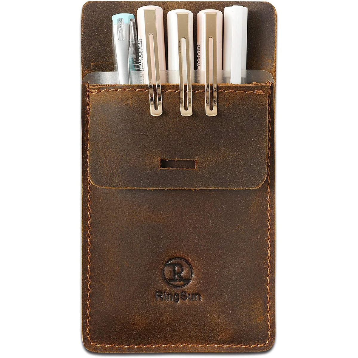 Ringsun Men's Pocket Protector - Full Grain Leather - Heavy Duty Pen Holder for Shirts, Lab Coats - Holds 6 Pens & Pointers & Cards