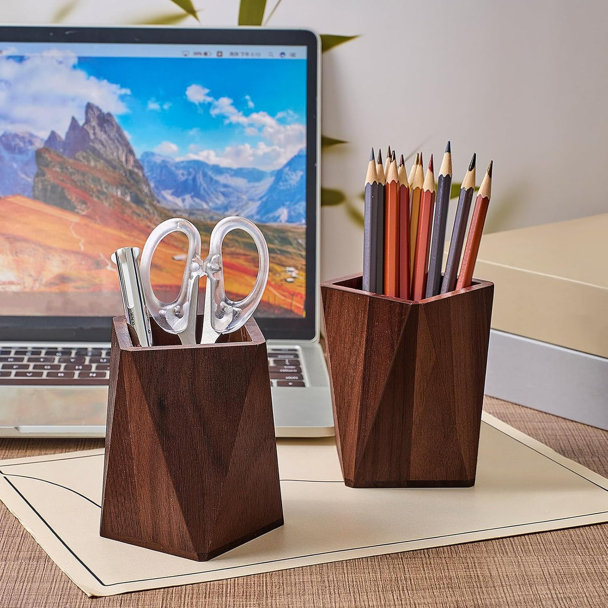 Henoyso 2 Pcs Wood Pen Holder for Desk Wooden Pencil Cups, Black Walnut