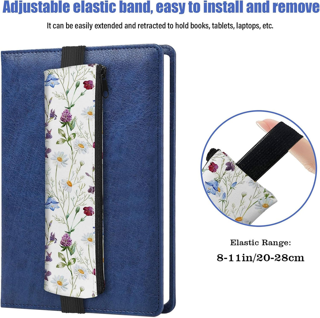 4 Pack Elastic Pen Holder for Notebook, Prints Pen Pouch with Elastic Band and Zipper, Leather Pen Holder for Planners, Journals, Book (Flower)